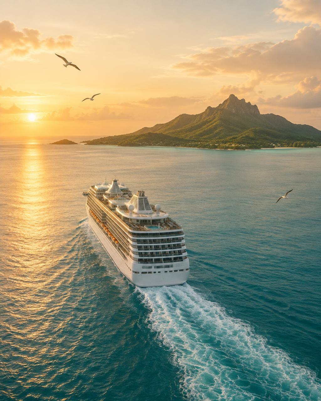 A family cruise ship at sea under a bright sky