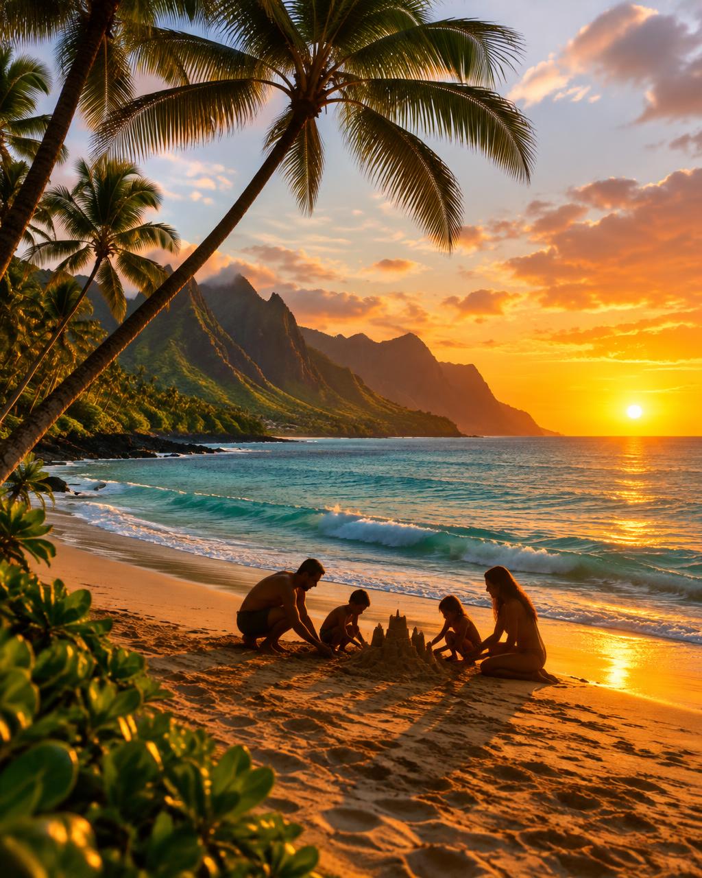Palm trees and turquoise water on a Hawaiian beach at sunset