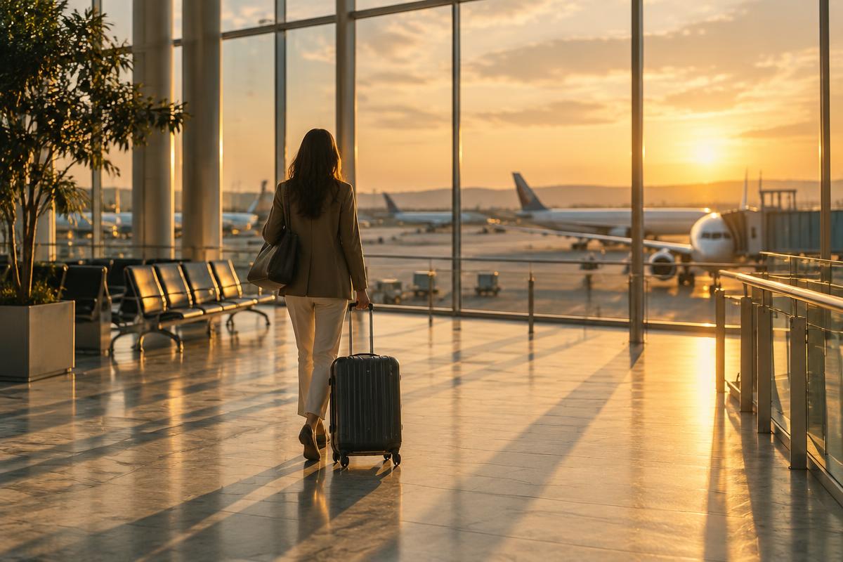 A traveler with a suitcase walking through a sunlit airport terminal toward the gates