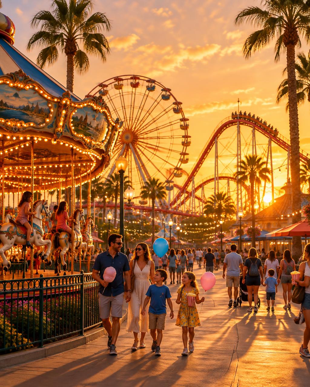 A family theme park at golden hour with rides and palm trees