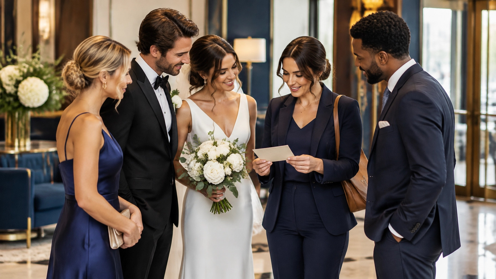 A couple and wedding guests reviewing transportation arrangements with a planner in an elegant Nashville hotel